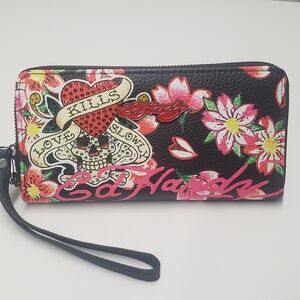 NWT Ed Hardy Wallet Wristlet Rhinestone Zip Around Love Kills Slowly Logo